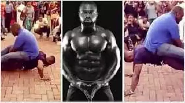 #BBNaija: Kemen shows his fitness side, carries a man weighing 114kg in a 20 push ups challenge (Photos/Video)
